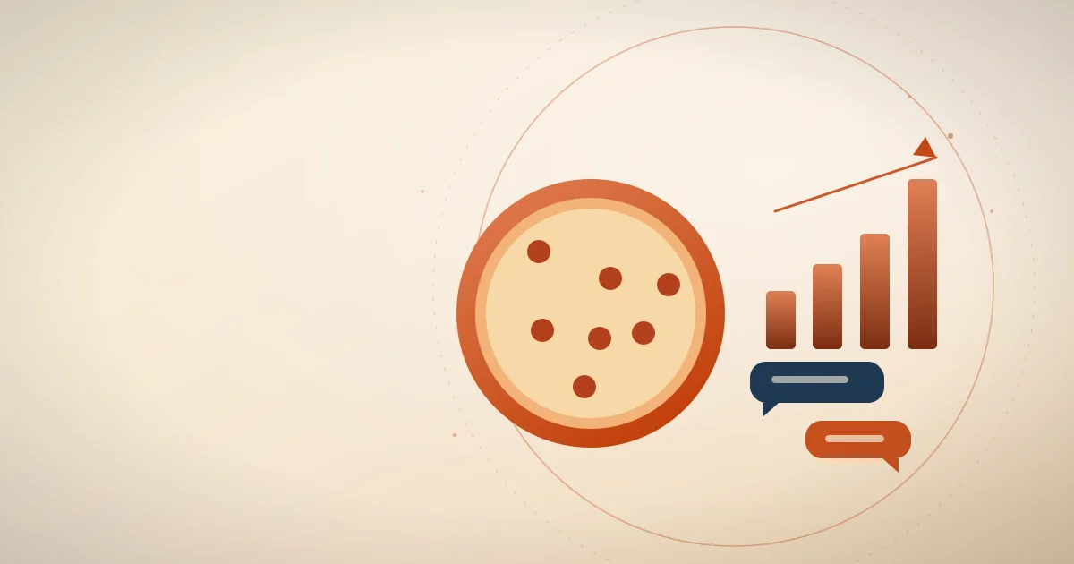 Pizza artesanal com gráfico ascendente em bronze e mensagens de WhatsApp, representando case de tráfego pago em delivery