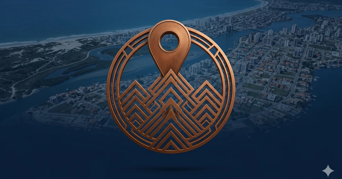 Pin de localização em bronze sobre vista aérea de cidade, simbolizando primeiro lugar no Google