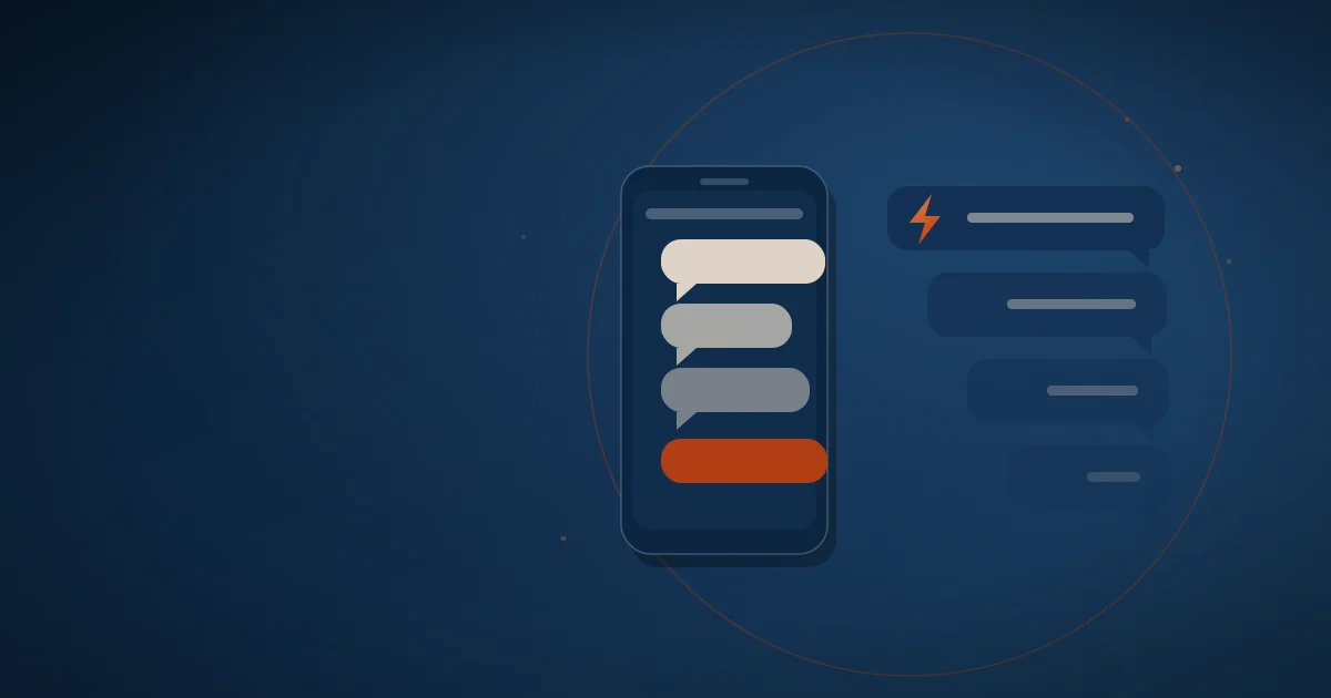 Celular com cascata de mensagens e raio em bronze, representando respostas automáticas no WhatsApp Business