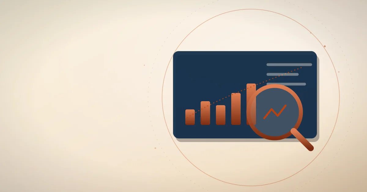Lupa em bronze sobre painel com gráficos de campanha, representando medição de resultado em tráfego pago para delivery