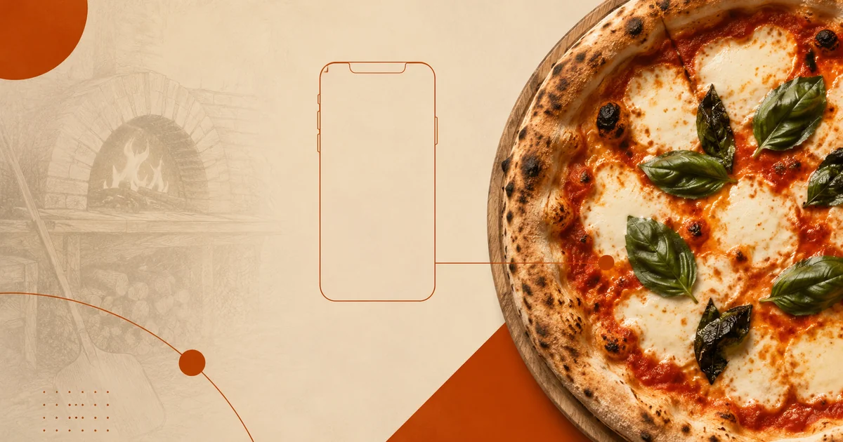 Pizza margherita artesanal ao lado de smartphone em bronze, simbolizando marketing digital para pizzarias