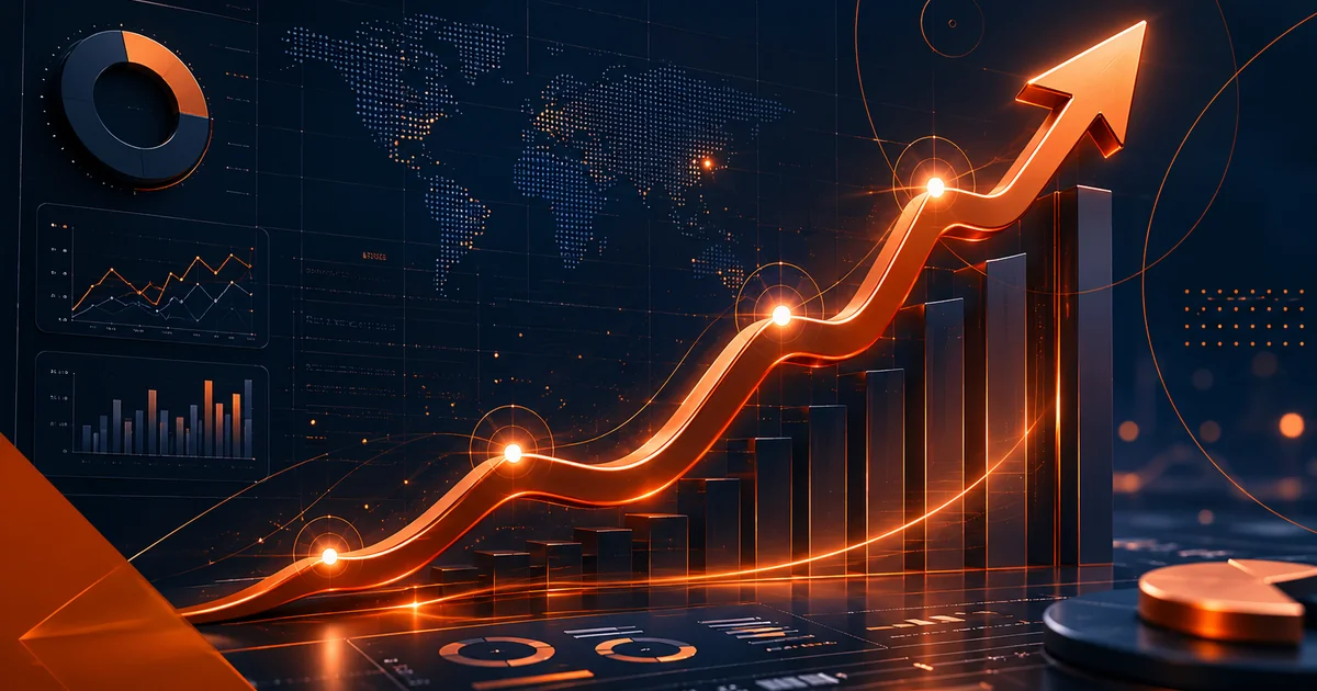 Gráfico de performance ascendente em bronze sobre dashboard escuro, representando métricas de tráfego pago